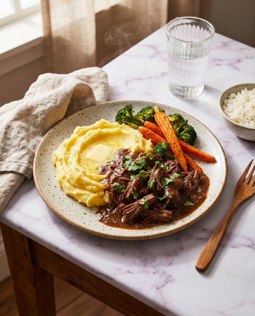 Almuerzo Redi de carne desmechada con puré servido en la mesa